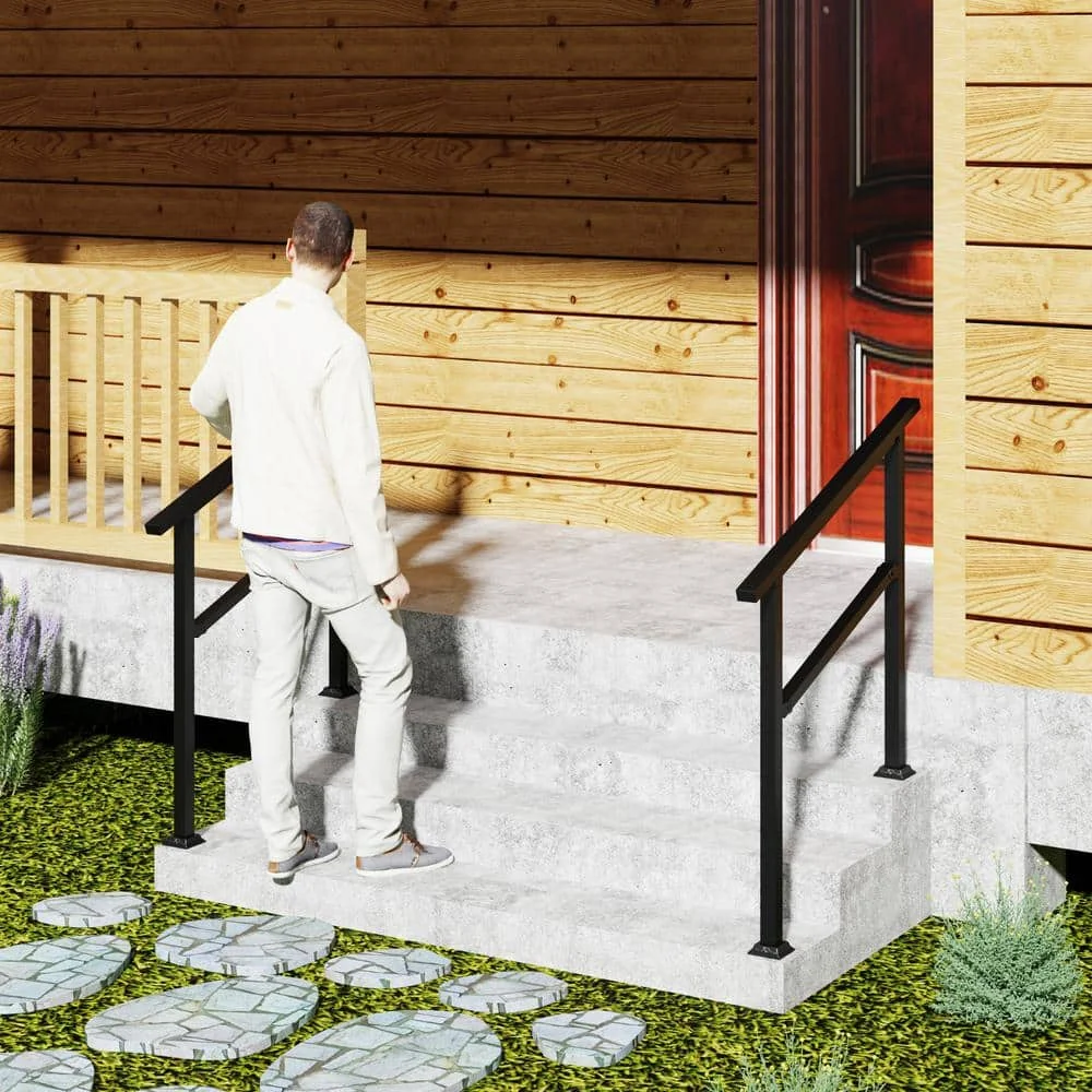 36 Zoll. H x 3,3 Fuß B Schienensatz aus schwarzem Eisen für Außenstufen, passend für 2- oder 3-stufige Treppengeländer in Schwarz