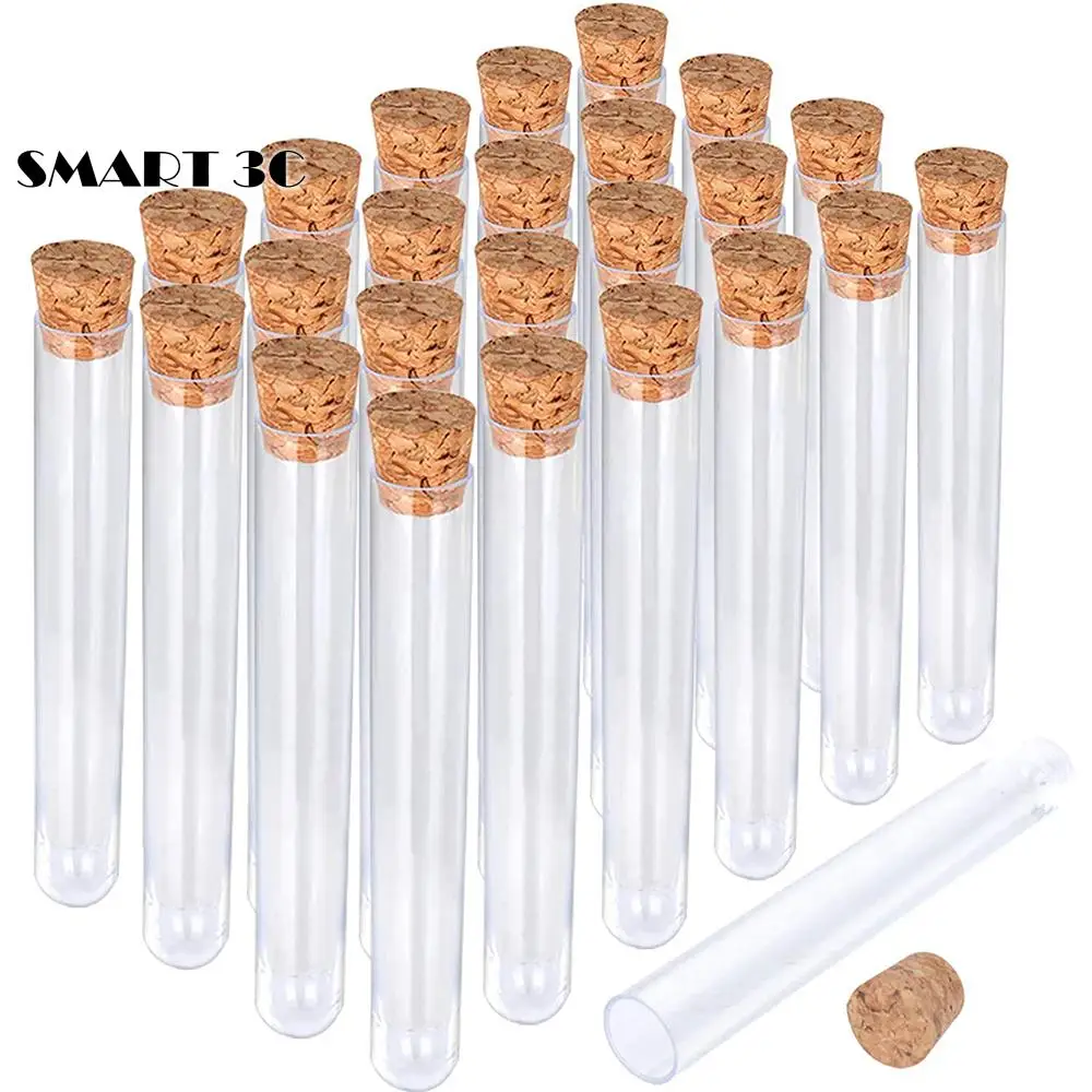 20Pcs 12x100mm Transparent Laboratory Clear Plastic Test Tubes With Corks Caps School Lab Supplies, Wedding Favor Gift Tube