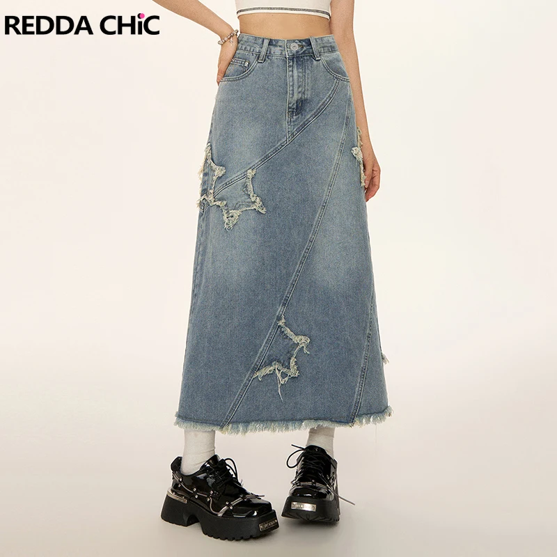 

ReddaChic Star Patchwork Raw Edge Long Jeans Skirt Women Summer A-line High Rise Blue Wash Midi Denim Skirt Vintage Y2k Clothes