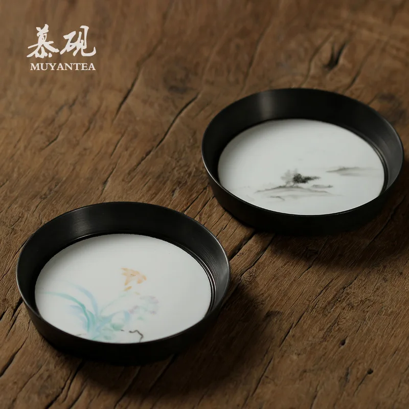 Mu Tao Pastel Hand-Painted Handmade Dry Brewing Ceramic Tea Mini Tin Tray, White Porcelain Teapot Mat, Cup Mat