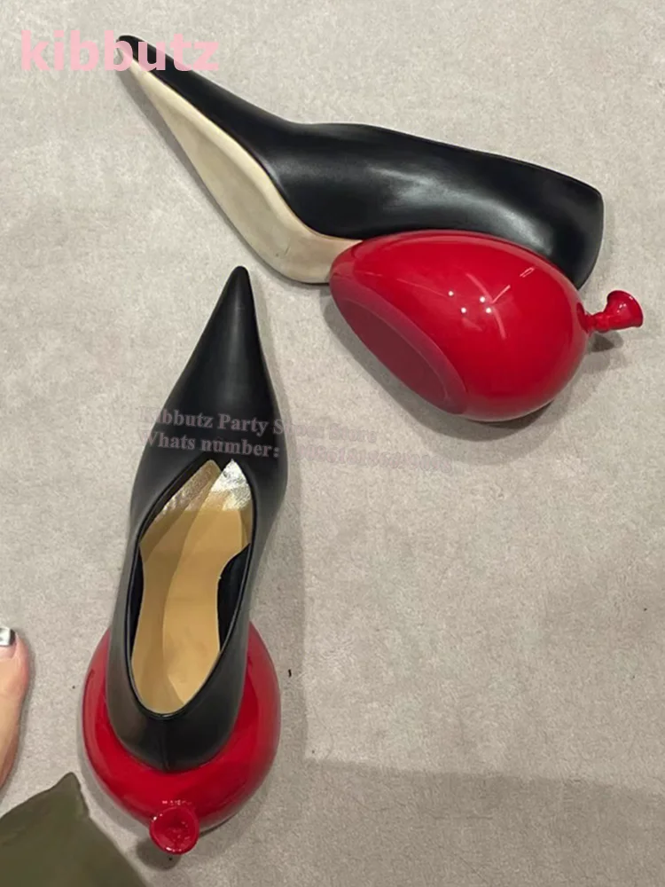 Apple Strange Heel Pumps Pointed Toe Genuine Leather Mixed Color Black And Red Slip-On Fashion Runway Show Women Shoes Newest