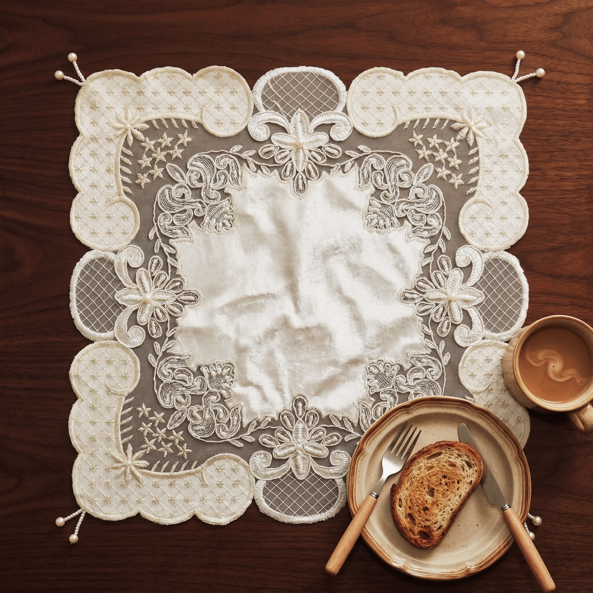 4pcs Square White Placemats Luxury Velvet Plate Mat Handmade Beaded Coaster Nightstand Cover Small Beige Bride Room Decor view 6