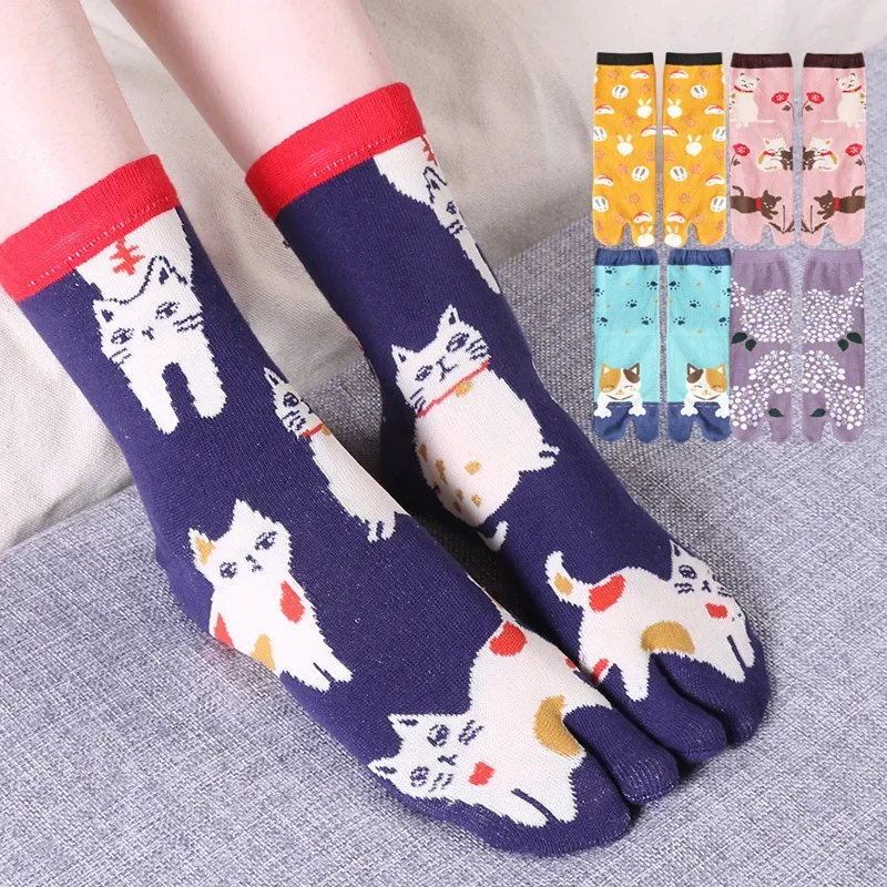 5 Pairs Two Toe Socks Women Split Toe Cotton Socks Middle Tube Autumn Kawaii Cartoon Ankle Socks