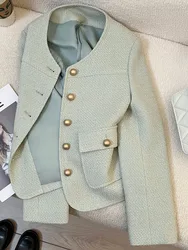 Zoki Korean Sweet Green Jacket Women Casual O Neck Long Sleeve Tweed Coat Fashion Single Breasted Female Chic Blazer Jackets