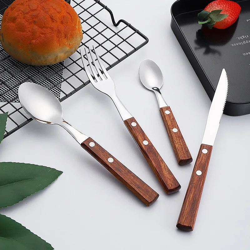 Jaswehome Natural Tableware Set 304 Stainless Steel Rosewood Serrated Steak Knife Dinner Fork Spoon Wooden Dinnerware Set