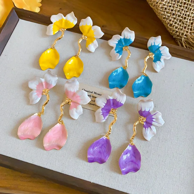 Minar 2026 New Multicolor Contrast Color Enamel Flower Petal Long Drop Earrings for Women Iron Alloy Wedding Holiday Jewelry