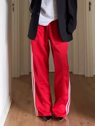 New Fashion Womens Striped Pants Loose Elastic Waist Drawstring Straight Leg Casual Sweatpants With Pockets Streetwear S M L