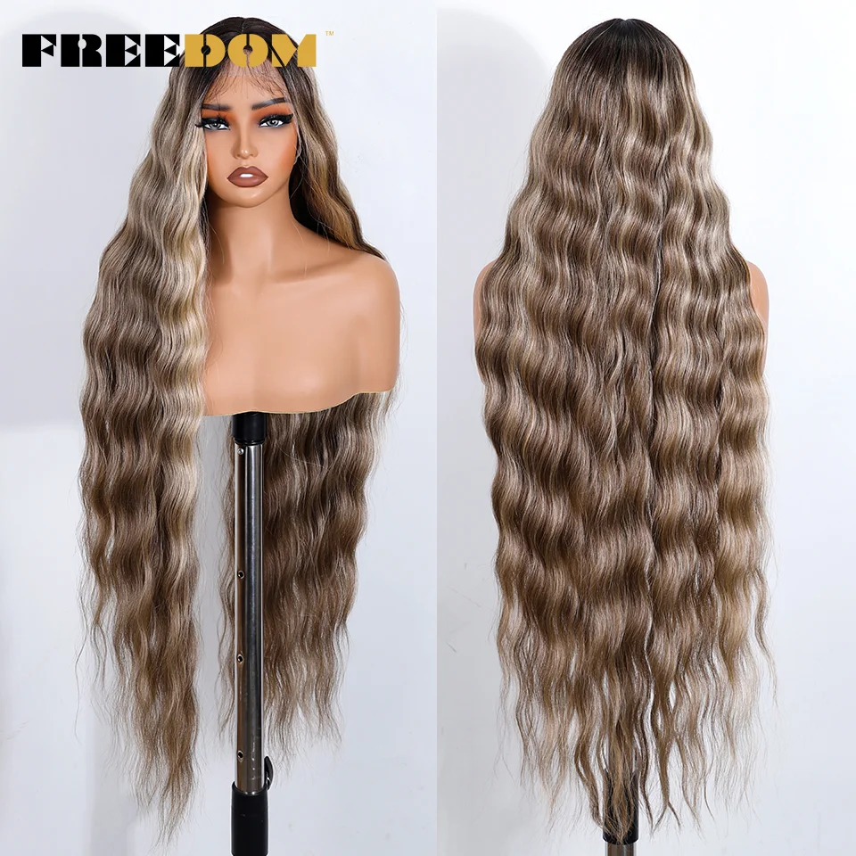 FREEDOM Synthetic Lace Front Wigs For Black Women 36 Inch Long Deep Body Wavy Lace Wig Ombre Brown Blonde White Cosplay Wig - Image 4