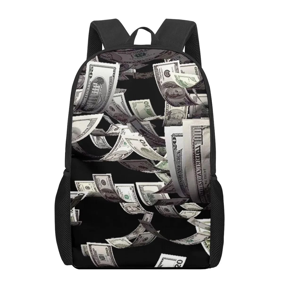 Engraçado dólar americano dinheiro saco de escola dólar dos eua impressão mochila caminhadas daypack para mulheres homens 16 polegadas com bolso de malha