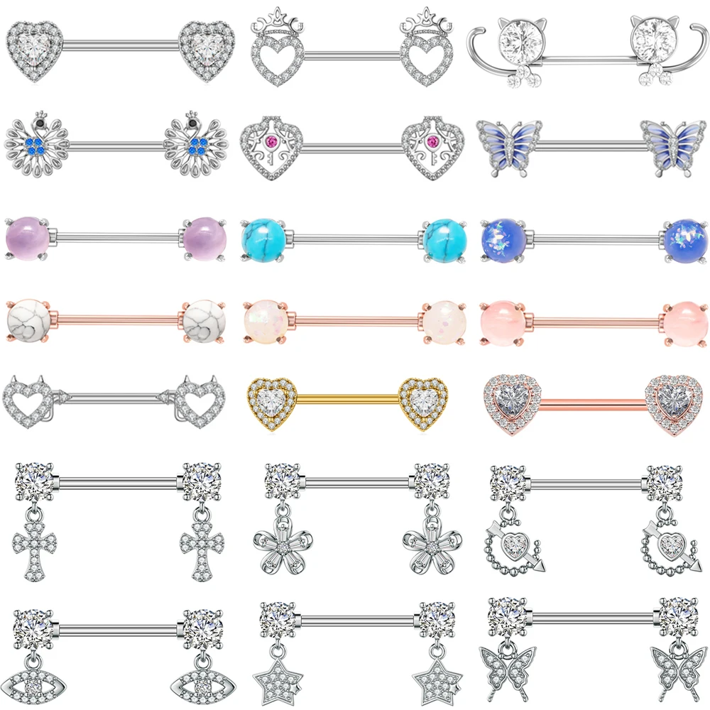 2 Stück/Set Beidseitig Verschraubte Nippelringe Sexy Nippel-Piercing mit Anhänger in Form von Herz und Blume für Frauen