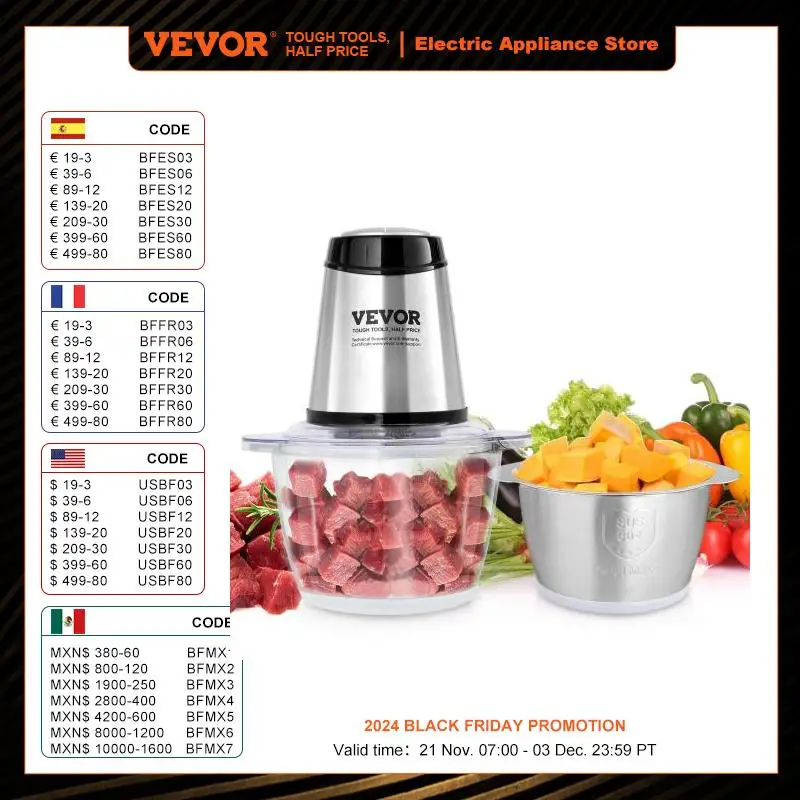 

VEVOR Food Processor Electric Meat Grinder with 4Wing Stainless Steel Blades 8+5 Cup 2 Bowls 400W Electric Food Chopper 2 Speeds