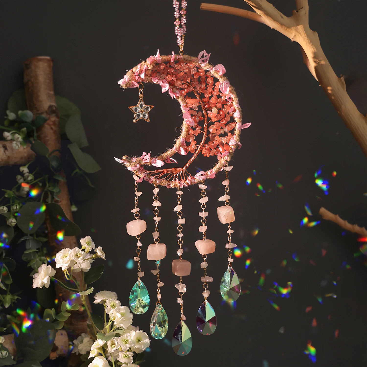 

Natural Agate Dream Catcher Wall Hanging Moon Star Sun Crystal Stone Dream Catcher Garden Bedroom Agate Wall Hanging Decorations