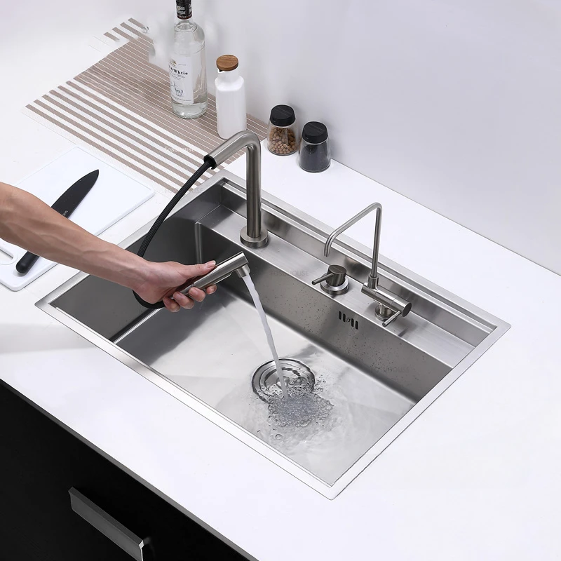 Modern Kitchen Sinks Hidden with Cover Kitchen Accessories Stainless Steel Kitchen Dish Drainer Light Luxury Single Tank L