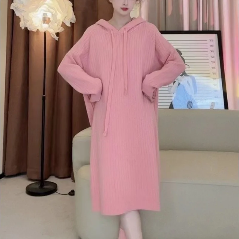 

Hooded Sweater Dress Women, Autumn And Winter Thickened Straight Loose Waist Long Outerwear Slimming Knitted Dress Base Dres