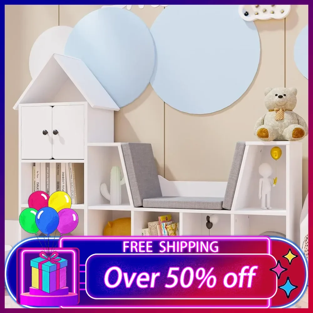 

56.9" Kids Bookshelf with Reading Nook, Kids Bookcase with Detachable Cushions,Toy Storage Organizer with 9 Cubes and 2 Doors