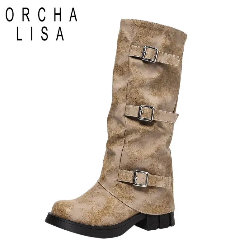 ORCHA LISA Hot Women Knee High Boots Round Toe 4.5cm Thick Heel Slip On Buckles Large Size 40 41 42 43 Riding Tall Tube Winter
