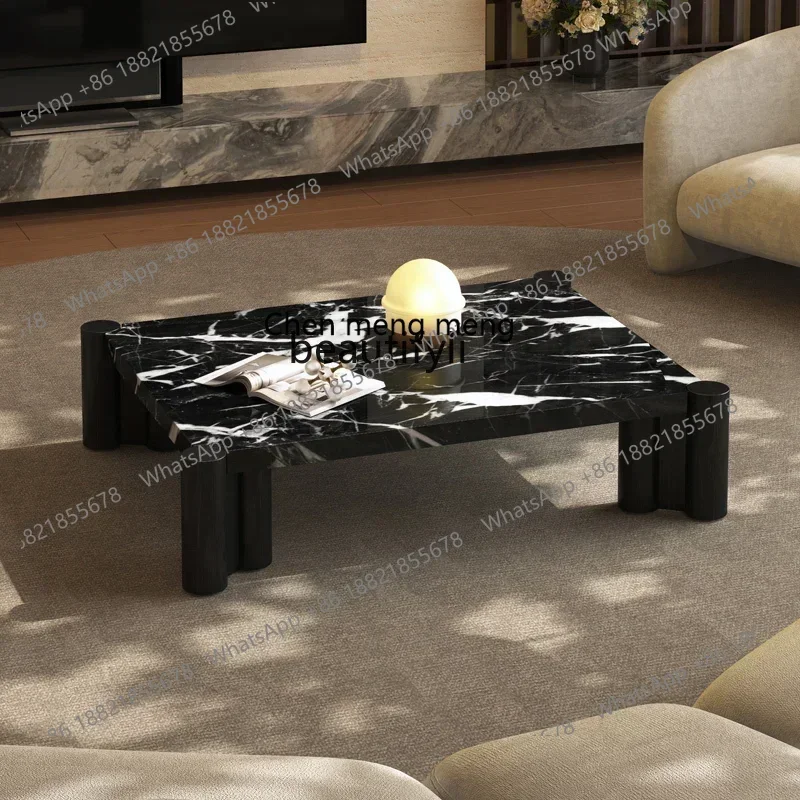 

200302 Natural marble solid wood offee table living room designer modern blak luxury stone offee table