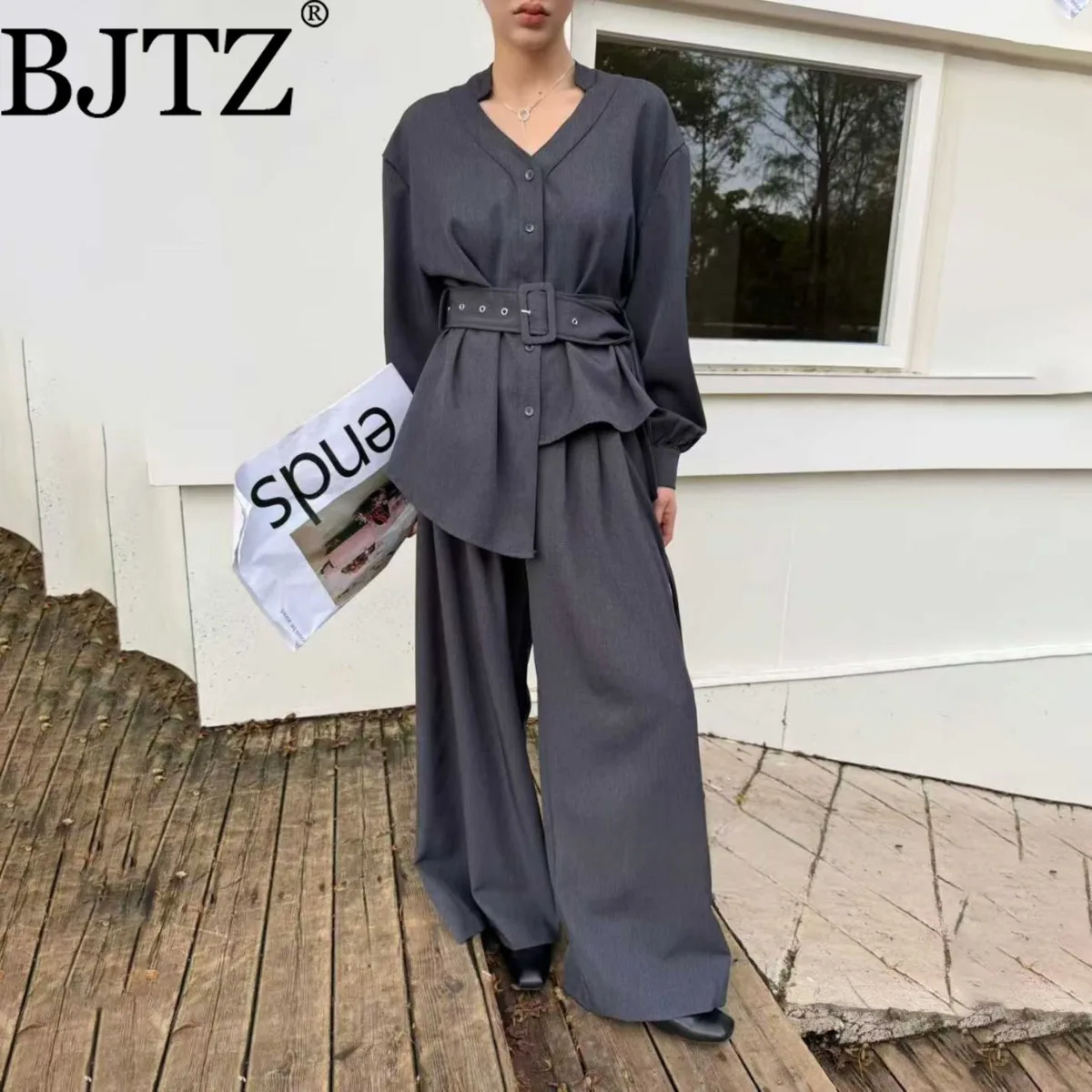 

BJTZ Шикарный дизайнерский топ-рубашка нестандартной формы + прямые широкие брюки, комплект из 2 предметов для женщин, весна-осень 2022, новый комплект блузки с поясом на талии