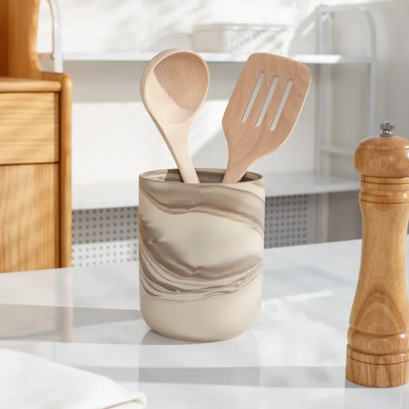 Kitchen Utensils Holder for Countertop,Ceramic Flatware Storage Organizer,Cooking Tool Caddy Crock,Porcelain Farmhouse Container