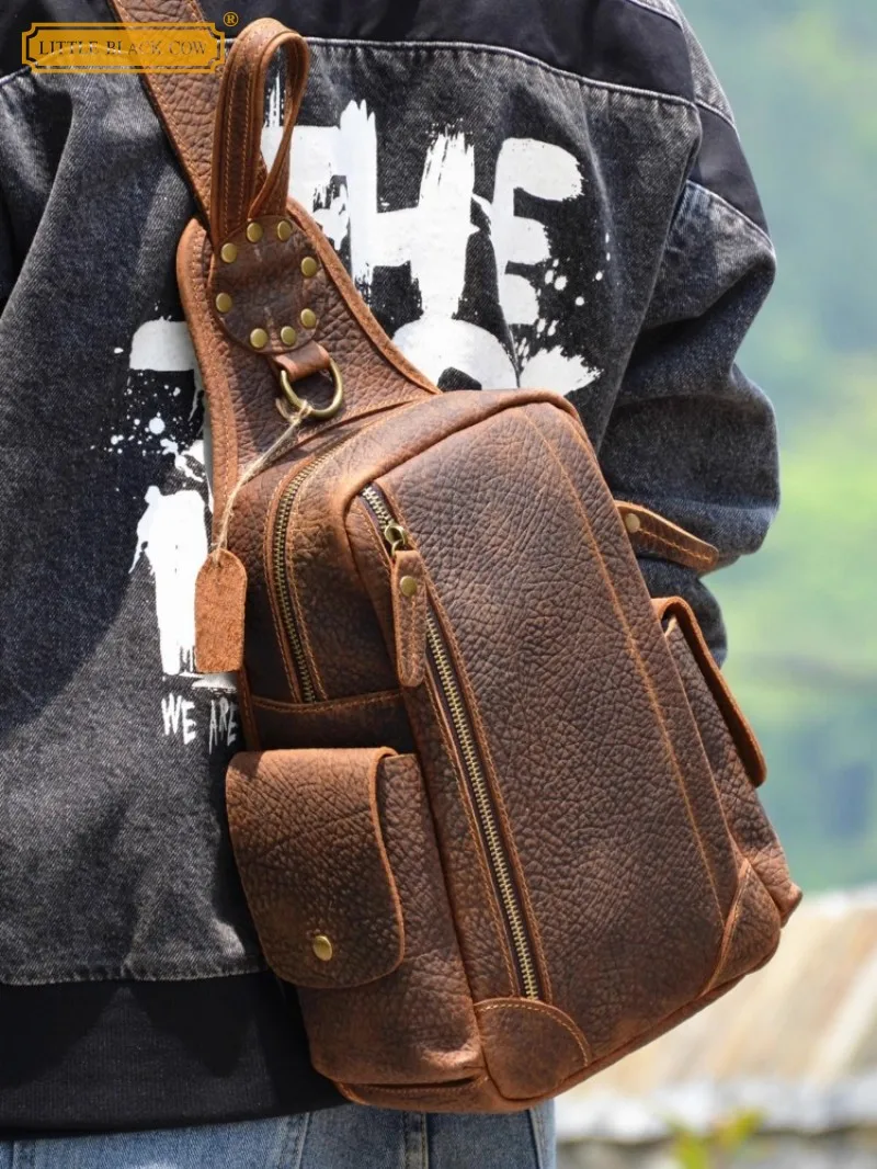Vintage Mens Cowhide Genuine Leather Chest Bag Large Capacity Outside Travele Bag Motorcycle Strap Crossbody Shoulder Bags