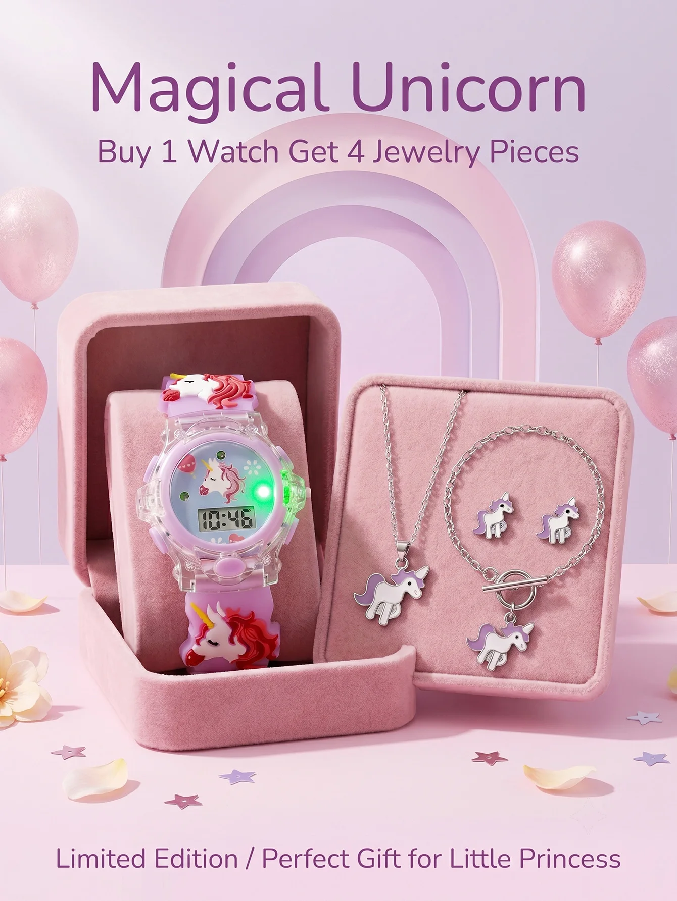 1Set Kids Flash Unicorn Watch Jewelry Kit, No Box for Back To School, Vacation & Holiday Cute Girls Daily Accessory Set