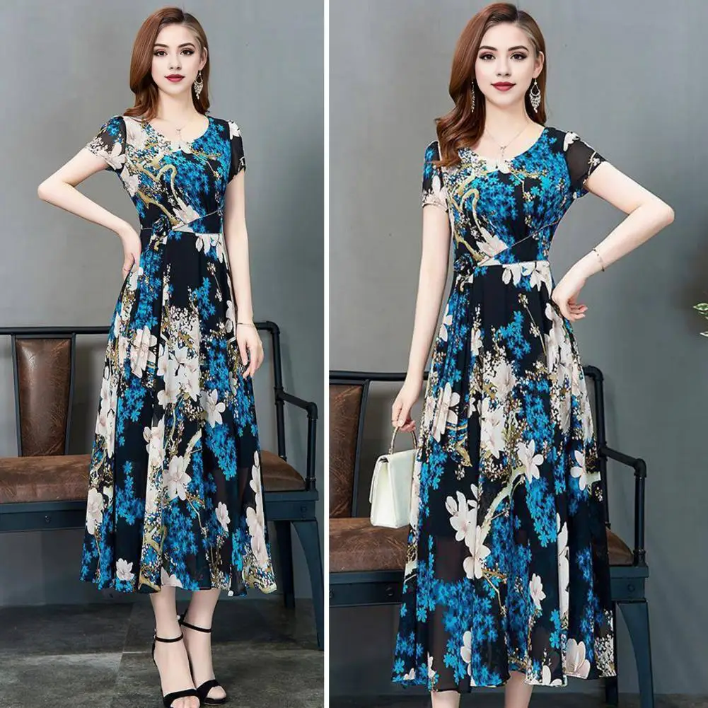 

Short Sleeve Dress Elegant Floral Print A-line Midi Dress for Summer Parties Events with High Waist Short Sleeves Women's