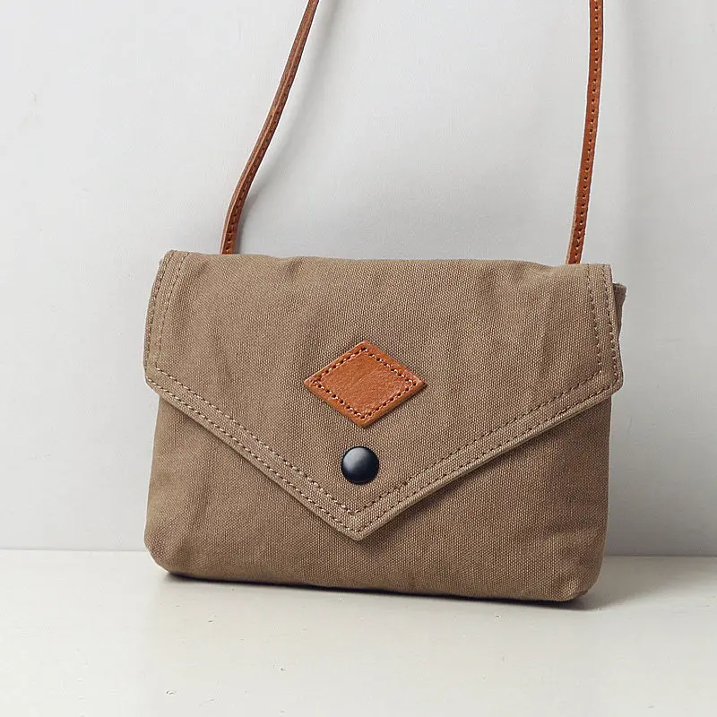Vintage Unisex Canvas Crossbody Bag Small Square Shoulder Bag with Top Layer Leather Strap Phone Pouch Snap Button Closure Bag
