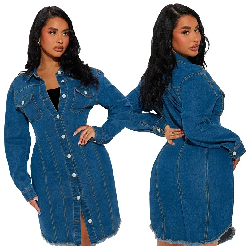 

F218623 European and American fashion denim lapel button long sleeved jacket style mid length dress, sexy, women's jumpsuit