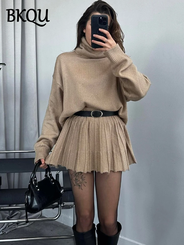 BKQU Elegant Pleated Mini Skirt 2-piece Set Women Fashion Loose Turtleneck Sweater Elastic High Waist A-Line Knitted Skirt Set