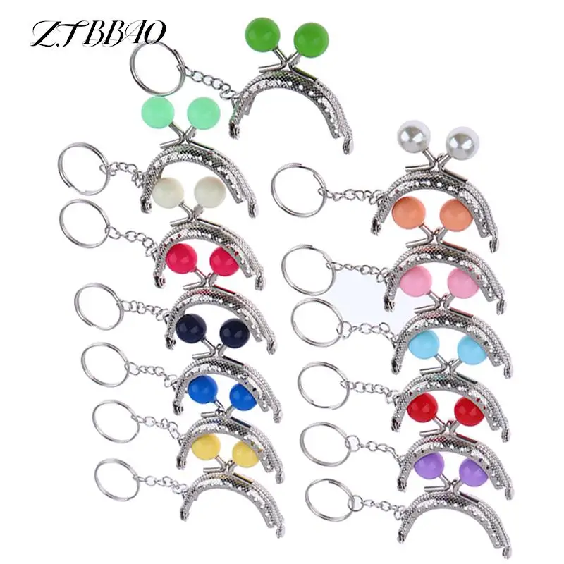 Lovely Metal Coin Purse Frame 5CM Silver Metal Purse Frame Colorful Bead Head With KeyChain Frames Kiss Clasp DIY Bag Accessory