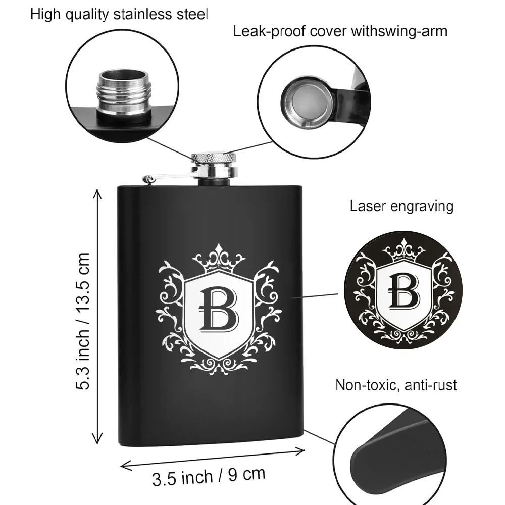 Personalized 8 Oz Wedding Hip Flask For Men With Engraved Monogrammed Initial Letter, Christmas Custom Groomsmen Gifts