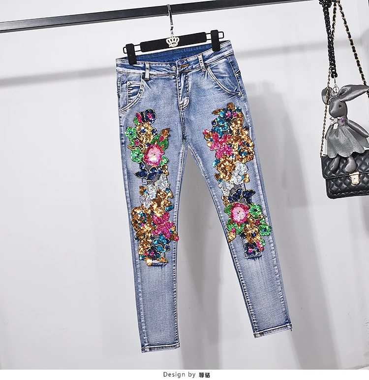 European Style Denim Suit Fashion Outfit Women New Flower Sequined Denim Jacket Short Jacket & Jeans Pants Two-Piece Set Female