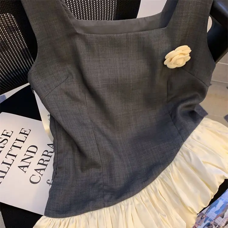 Square Neck Vest With Irregular Hem And Ruffled Knitted Sling Crop Top Female Sleeveless Top Backless Tank Top Street Wear 2024