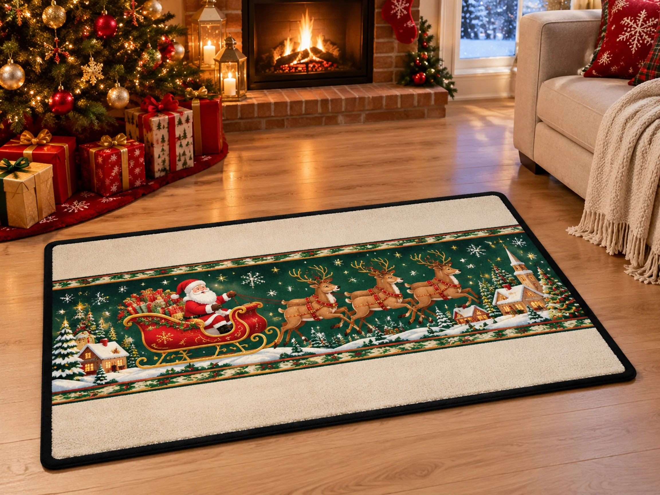 VIKAMA Christmas Green Gold Sleigh Flannel Door Mat, Memory Foam Anti-Slip Mat, Xmas Decor for Guest Room, Front Porch, Mudroom
