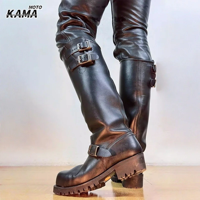 Retro Men British Long Chelsae Boots Knee High Autumn Winter New Riding Knight Boots Versatile Engineer Boots Buckle Strap
