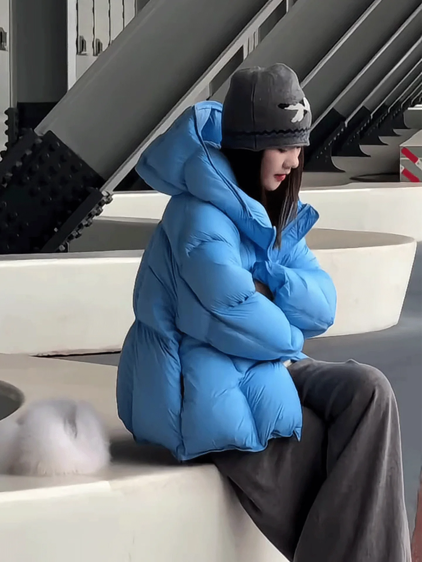 Sli ort Puffer Jaet Women's Blue Cotton Winter Coat Thiened Outerwear Commute Sle Regular Fit White Goose down