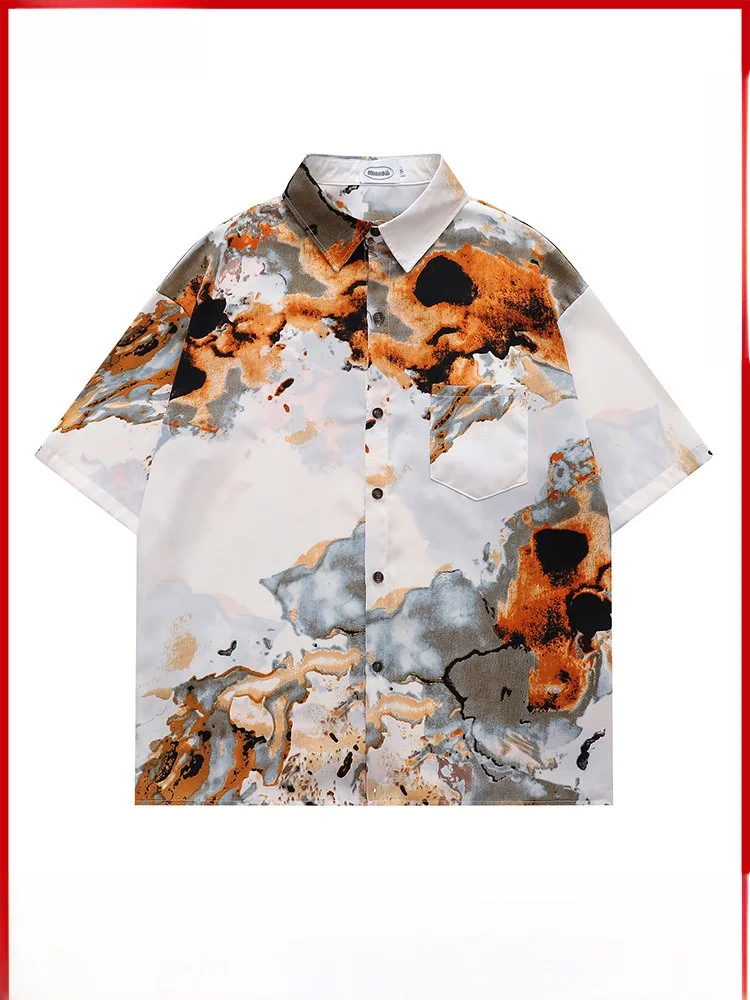Summer Artistic Beach Vacation Style Men's Short Sleeve Printed Shirt Loose Fit Polyester Fiber No Ironing Treatment Casual S...