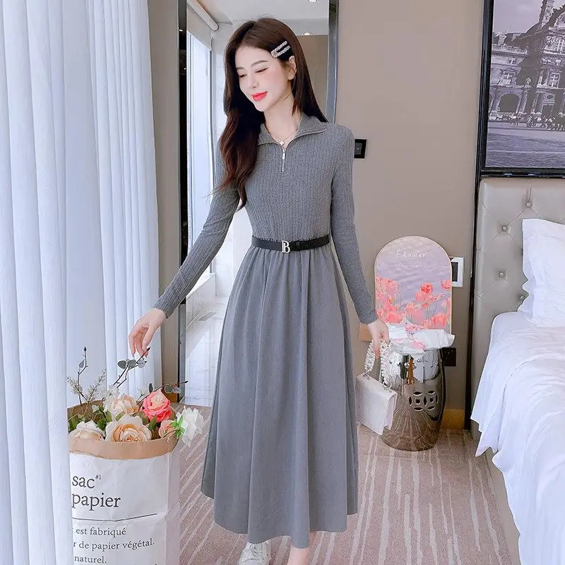 Fashionable And Elegant Knit Dress 2023 Autumn Winter New Korean Edition Zip Collar High Waist Slim Long Sleeve Long Dress Z2882