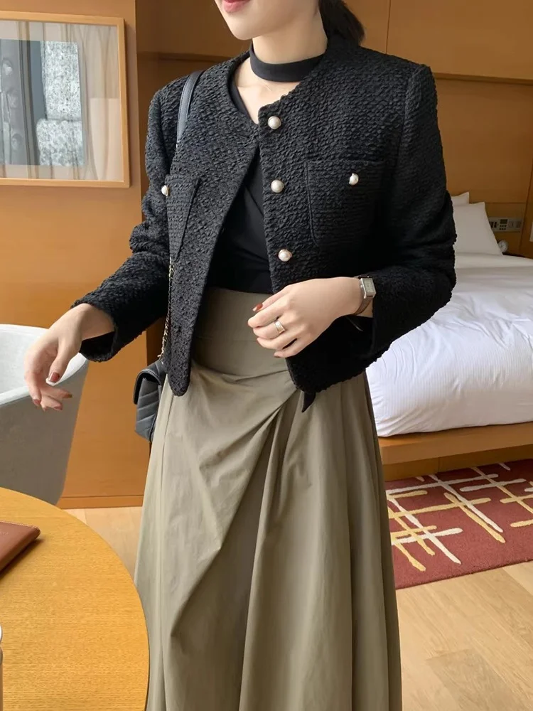 

Chic Pearl Single Button Loose Long Sve Women's Jaet Autumn New Sle Commute Sle Particle Feeling ket Outerwear