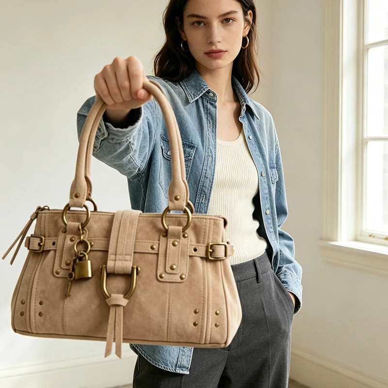 Rechteckige Handtasche, Damen-Tragetasche mit Goldschnalle, Nietenverzierung und Schlüsselanhänger, Winterliche Vintage-Umhängetasche in Unifarbe – Detail 9