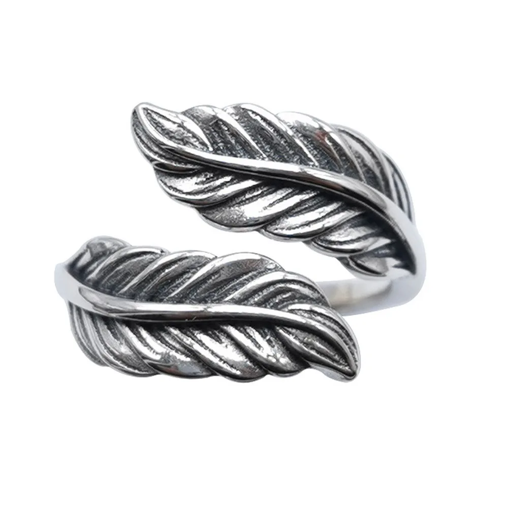 

Real Solid 925 Sterling Silver Band Women Gift Lucky Carved Double Leaf Feather Open Ring