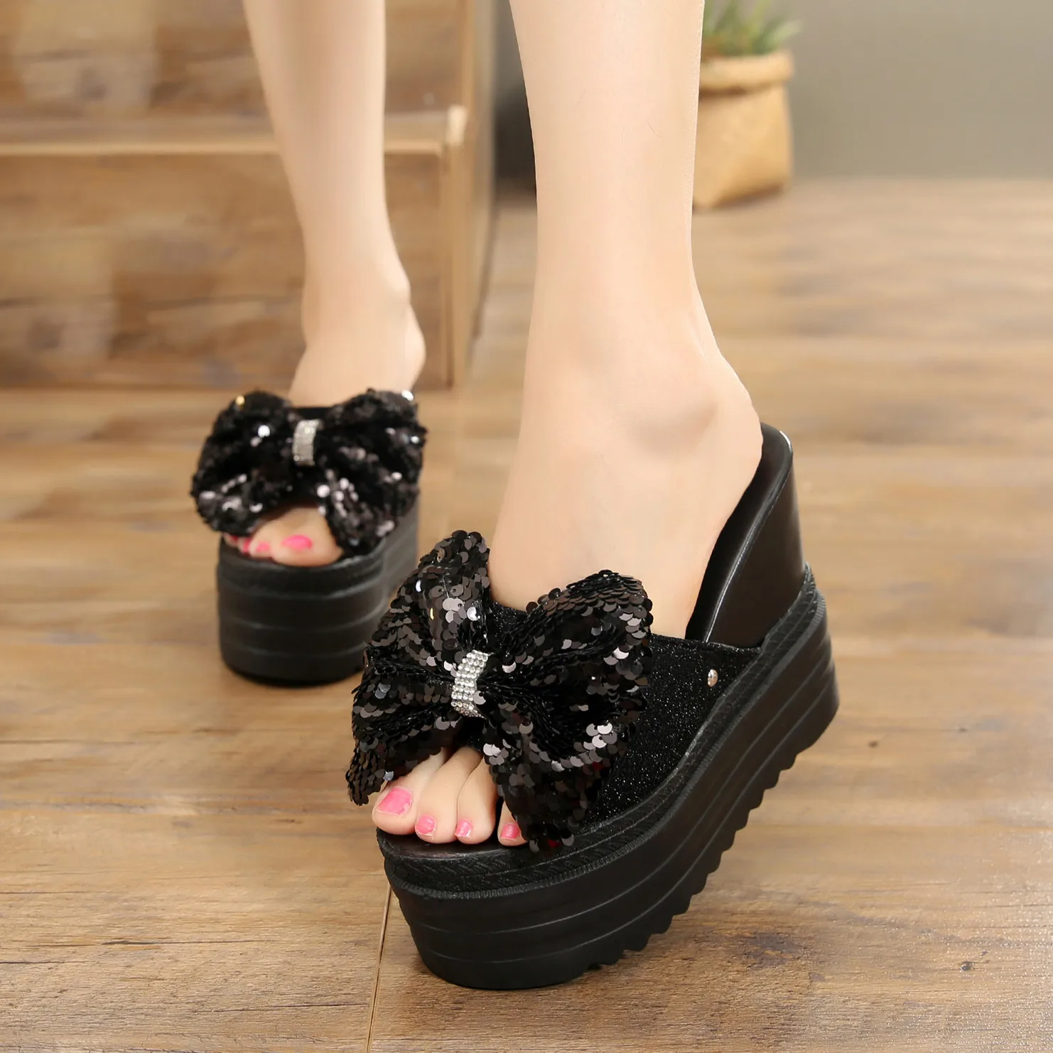 Butterfly-Knot Shoes Slippers Casual Slipers Women Platform Heeled Mules Slides On A Wedge Luxury Summer 2024 High Cotton Fabric