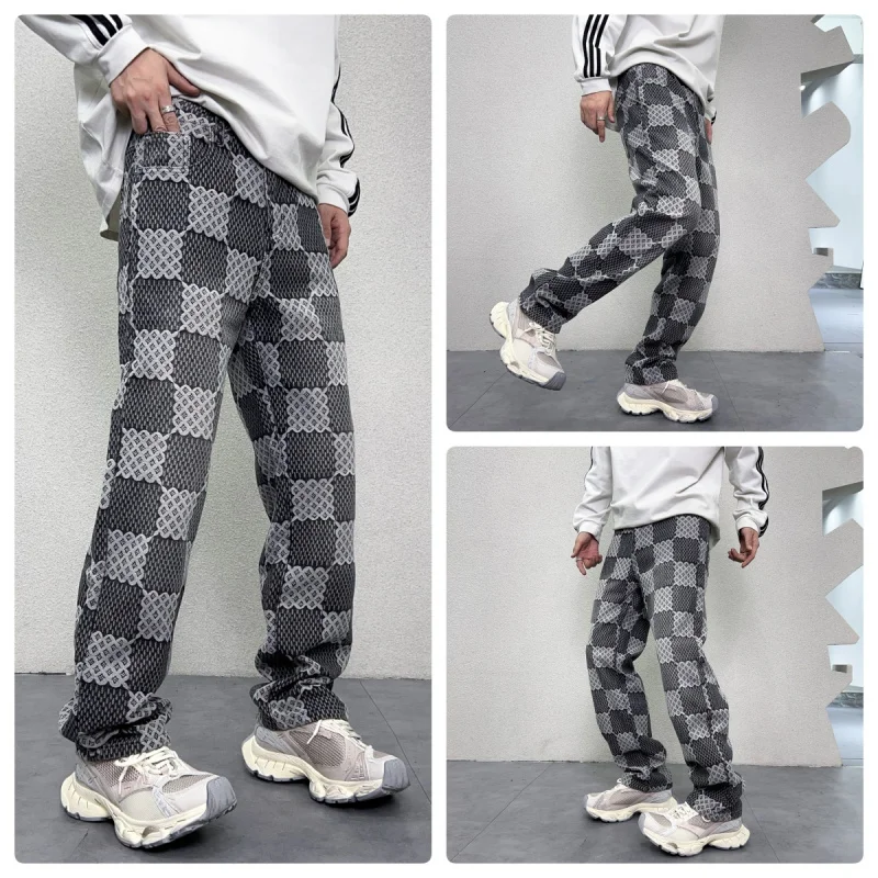 

High-end personality square jacquard embroidery tide loose straight men's jeans black and gray washed casual men's pants