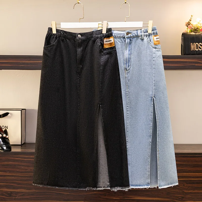 

Chubby Female Split Denim Skirt Women Summer Wear 2024 New Large Size Show Slimming A-line Wrapped Hip Casual Mid Length Skirt