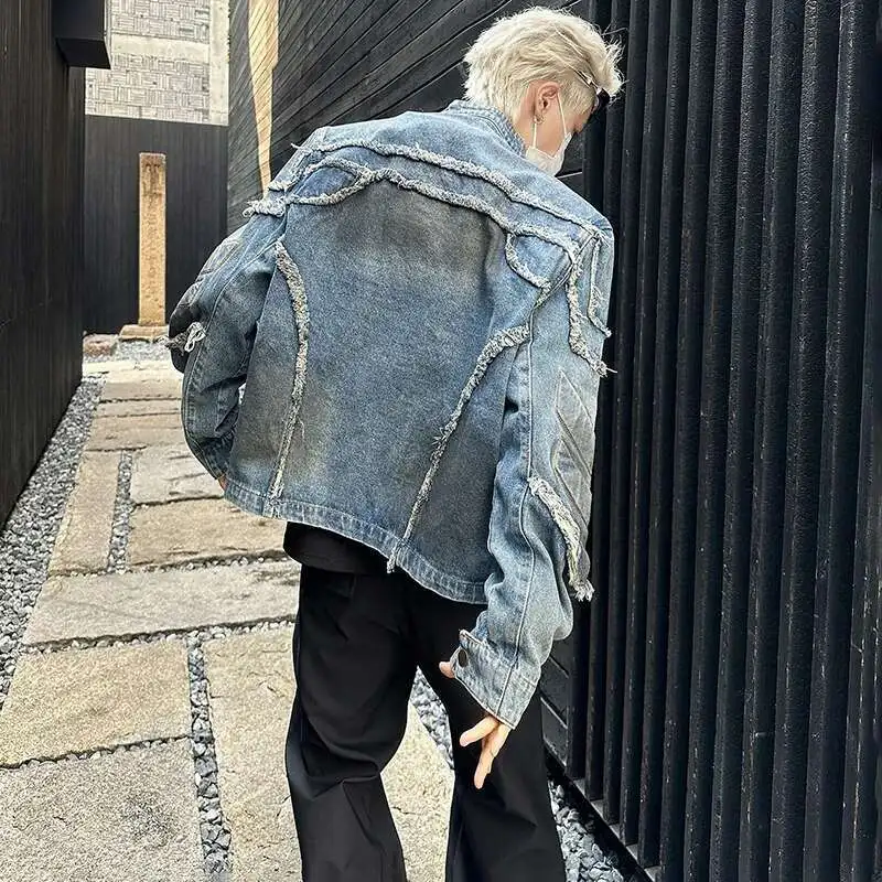 LUZHEN 2025 American Tassel Burr Shoulder Pad Motorcycle Jacket Wornout Personalized High Street Short Denim Top Men LZ8149