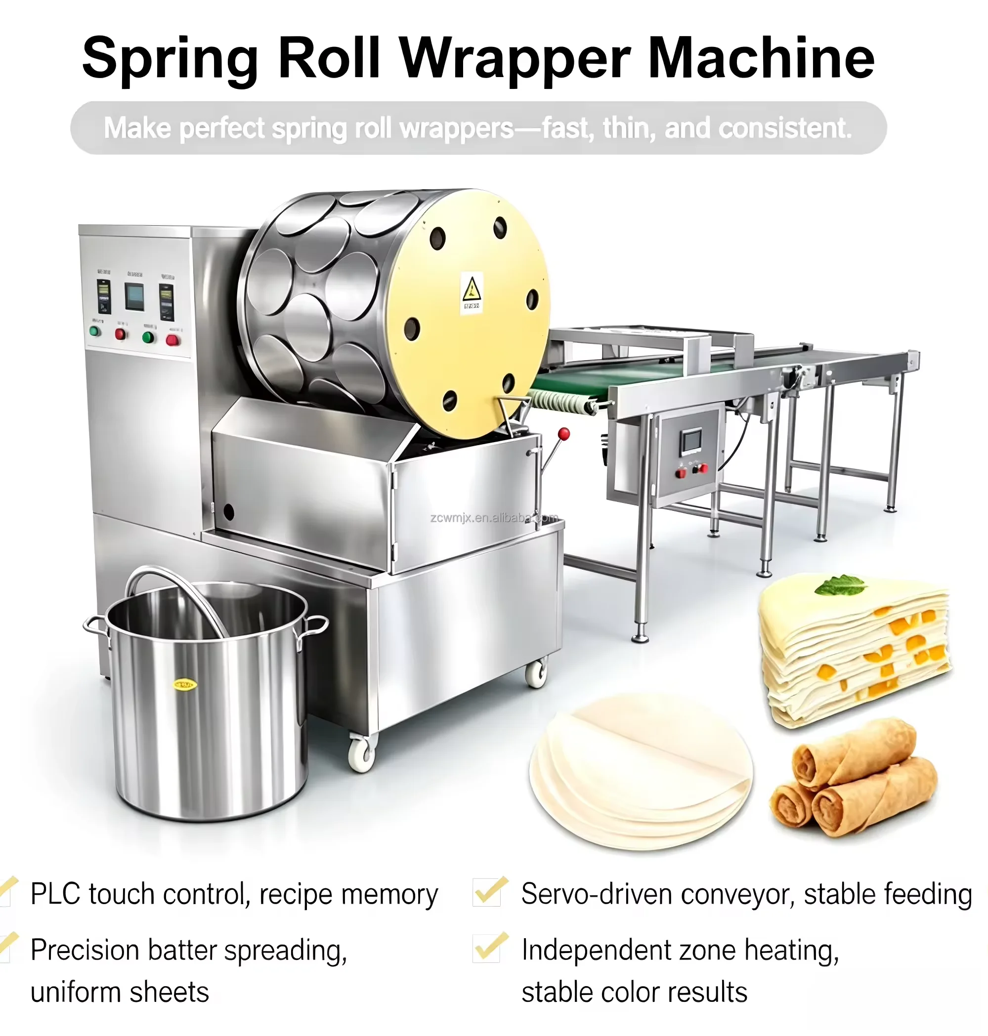 Large Capacity Spring Roll Machine, High Speed Flour Dusting System, Custom Spring Roll Sheet Processing Line Custom