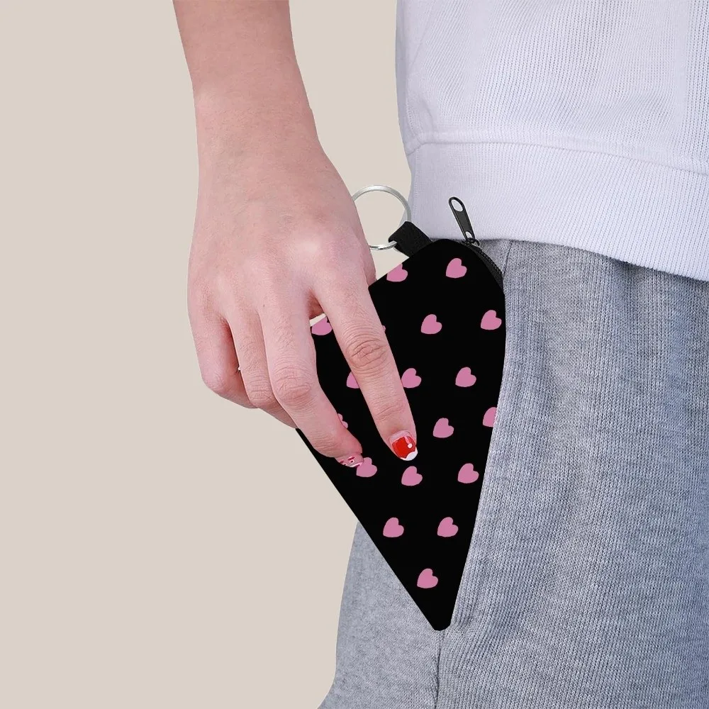 Love Heart Black Coin Purse Printed Easy Access Zipper Makeup Bag Zip Pouch with Key Ring Coin Key Card Holder Travel Use