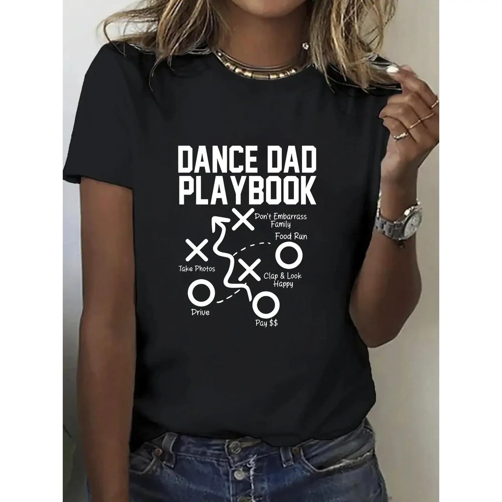 

Women's 100% Cotton "DANCE DAD PLAYBOOK" Graphic T-Shirt - Humorous Father's Day Gift, Breathable Loose Fit Casual Tee with Play