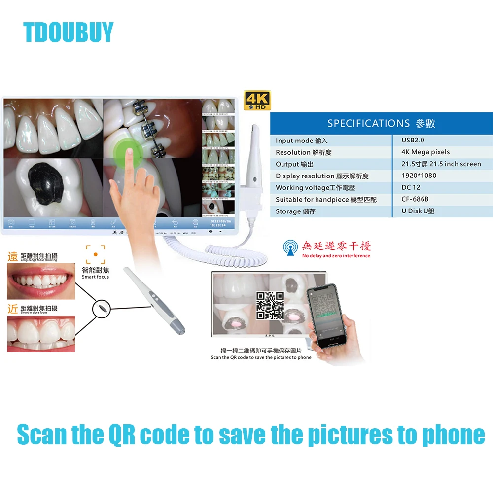 TDOUBUY 4K UHD Dentystyczna Kamera Intraoralna - Wodoodporny Ekran Dotykowy IP67 z Certyfikatem CE dla Klinik Dentystycznych/Chirurgii Ustnej