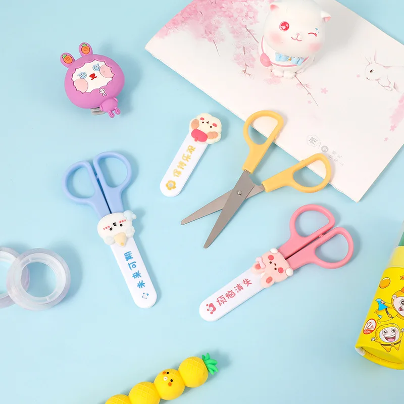 Cute Cartoon Stationery Scissors Child Art Small Scissors with Protective Cover Journal Paper Cutting Tools Office Supplies